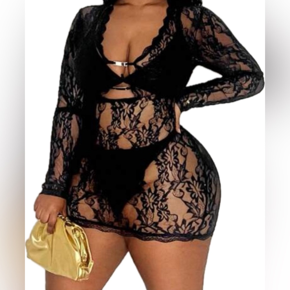 Black lace swim coverup 2X NEW